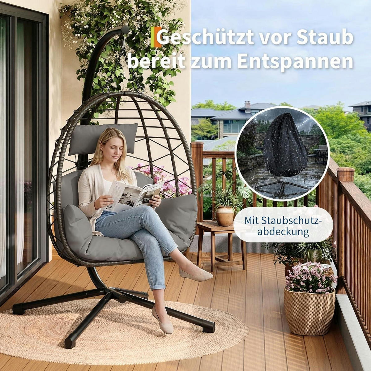 HÄNGESESSEL mit Gestell Grau bis 150 kg belastbar - Grau, Naturmaterialien (59.5/1.5/115cm)