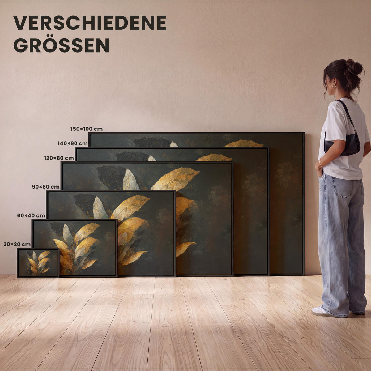 LEINWAND Bilder mit Rahmen - Golden Leaf Komposition - Botanical Luxury - 60x40 - Goldfarben, Textil (60/40cm) - MuchoWow