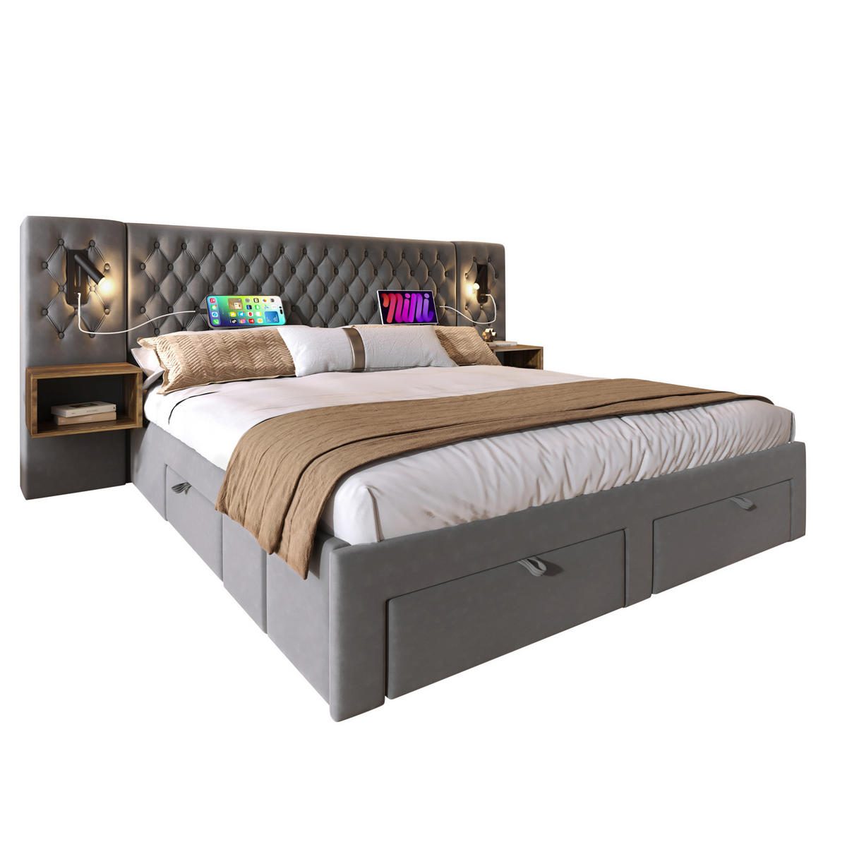 SAMT-POLSTERBETT 160/200 cm mit 4 Schubladen, Leselicht und USB, Grau - Grau, Textil (160/200cm) - BEAOK