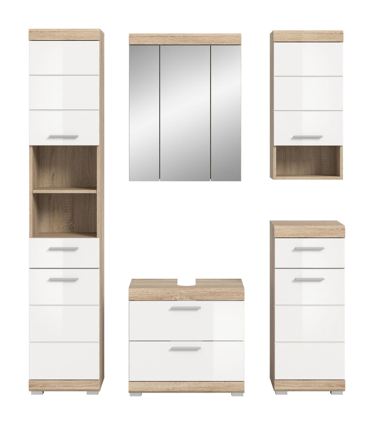 BADKOMBINATION 5tlg. Lambada Bad in Sonoma Eiche hell und weiß hochglanz B/H/T: 164x191x34 cm - Sonoma Eiche, Holz (164/191/37cm)
