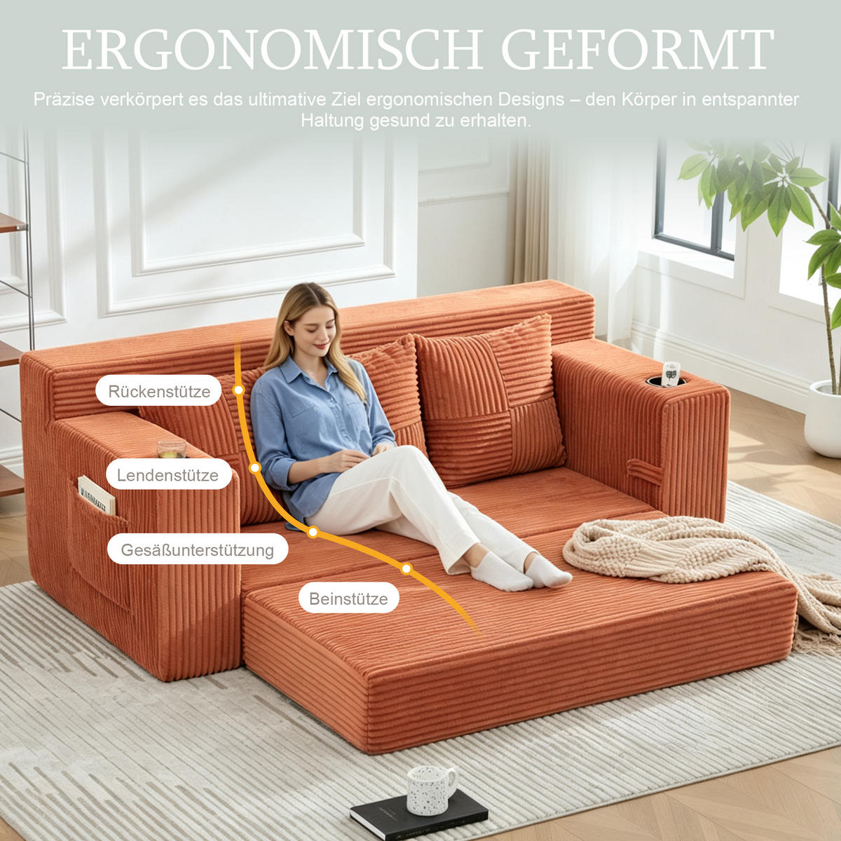 2-SITZER Bodensofa ausklappbar, Getränkehalter/Seitentaschen, Cord, Orange - Orange, Textil (172/64/87cm) - LVHOM