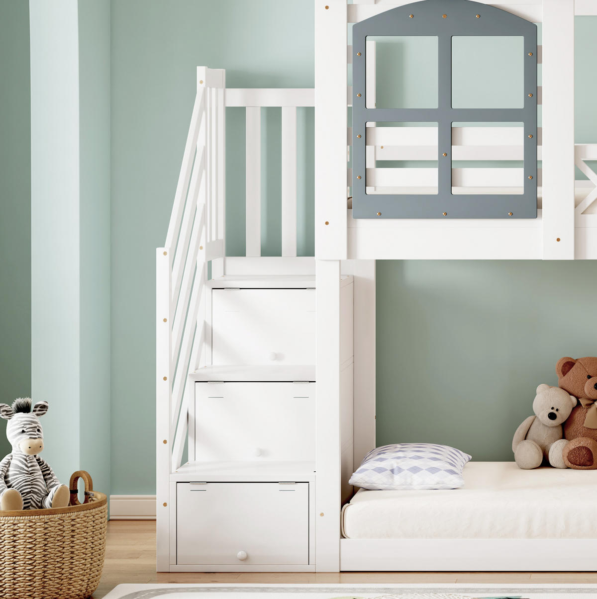HAUSBETT 90/200 cm Weiß/Grau mit Stauraumtreppe, Dach und Fenstern - Weiß, Holzwerkstoff (90/200cm) - Flora Grace