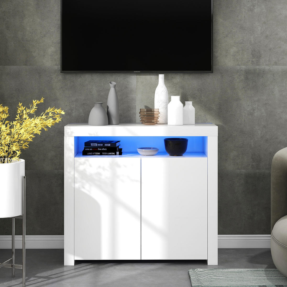 SIDEBOARD 108/40/92 cm in Weiß Hochglanz mit LED-Beleuchtung & 2 Türen - Weiß, Holzwerkstoff (108/92/40cm) - BEAOK