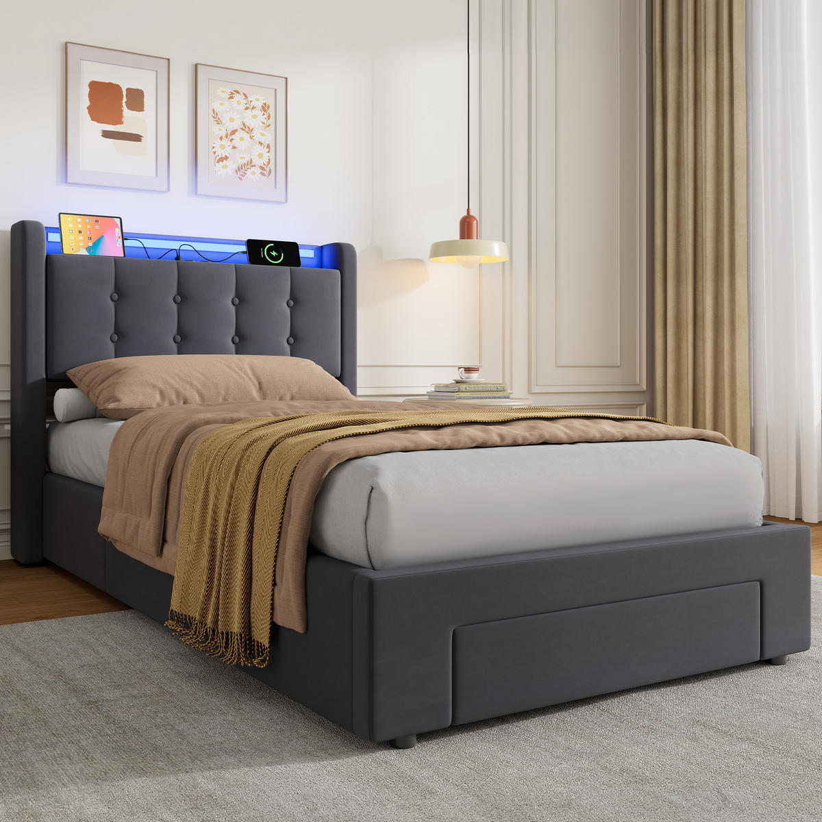 POLSTERBETT 90/190 cm, in Grau, Samt, mit Bettkasten, USB, LED, Stauraum und Schubladen, ohne Matratze - Grau, Holzwerkstoff/Textil (90/190cm) - WISHDOR