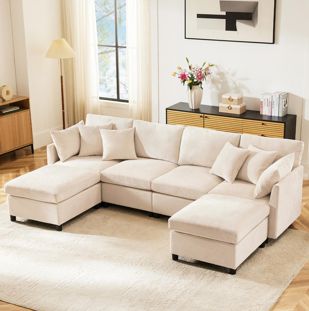 SOFA modular 278 x 161 cm Chenille Beige 3-tlg. mit 2 Hockern und 6 Kissen - Beige, Textil (161/81/278cm) - Meubliv