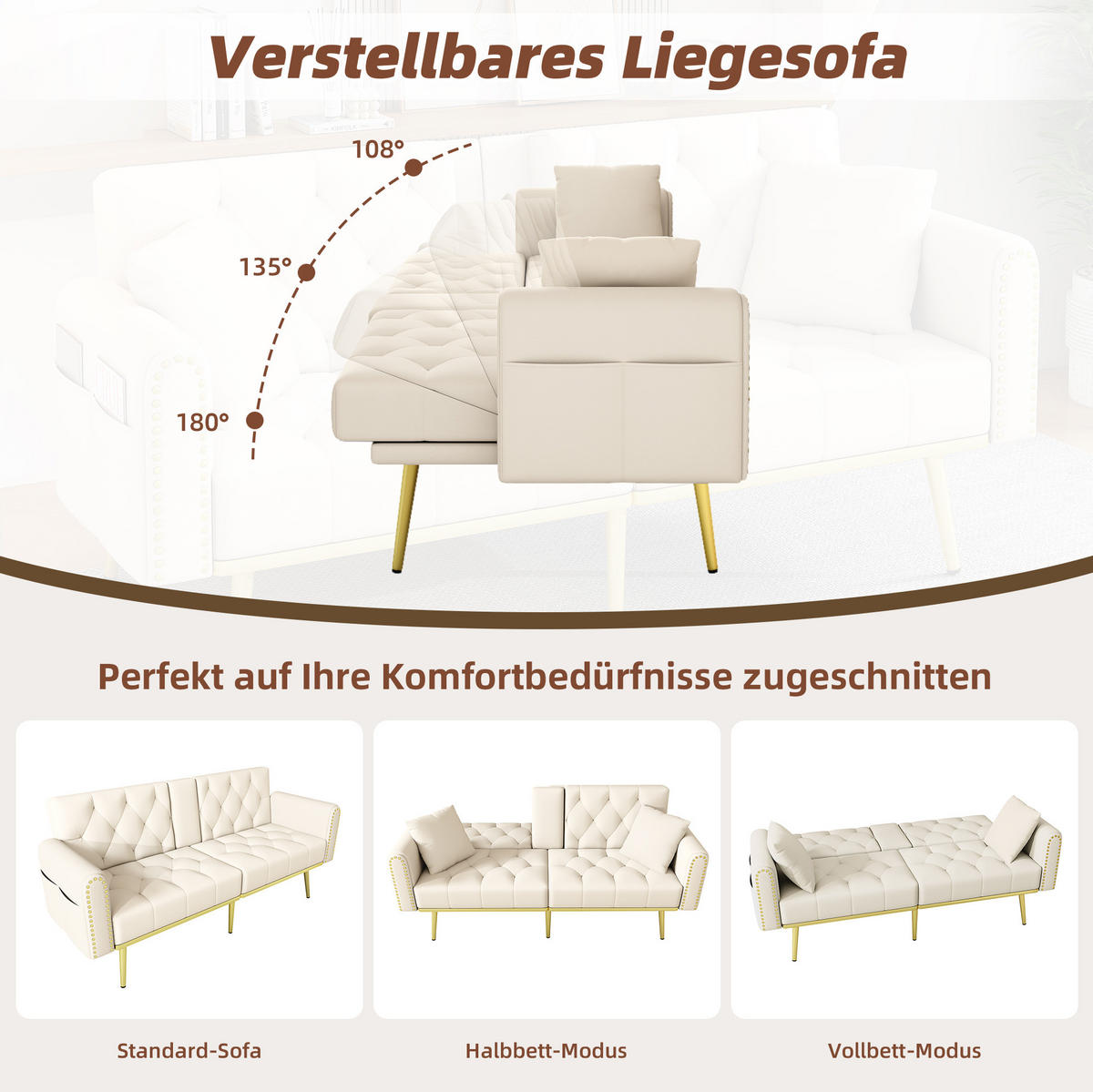 SCHLAFSOFA aus Samt 175x80x73,5 cm in Beige mit Liegefunktion & Getränkehalter - Beige, Textil (175/73.5/80cm) - Modfu