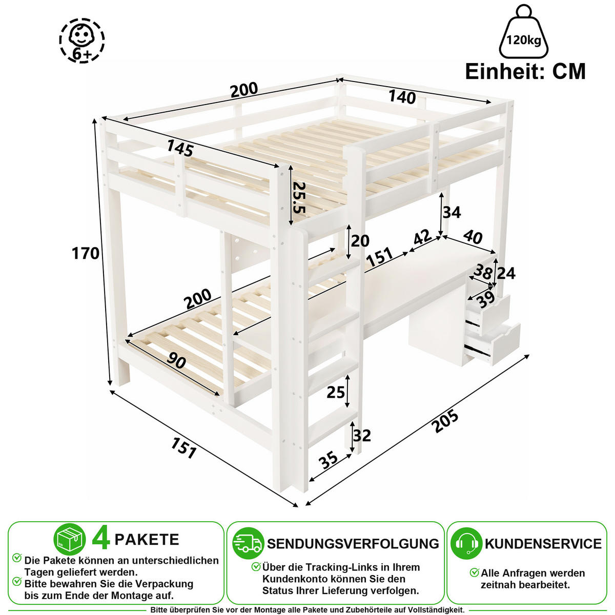 PATROVÁ POSTEL 140/200 cm & 90/200 cm v bílé barvě se zásuvkami a stolem - bílá, dřevo/kompozitní dřevo (140/200cm) - CHICFURN