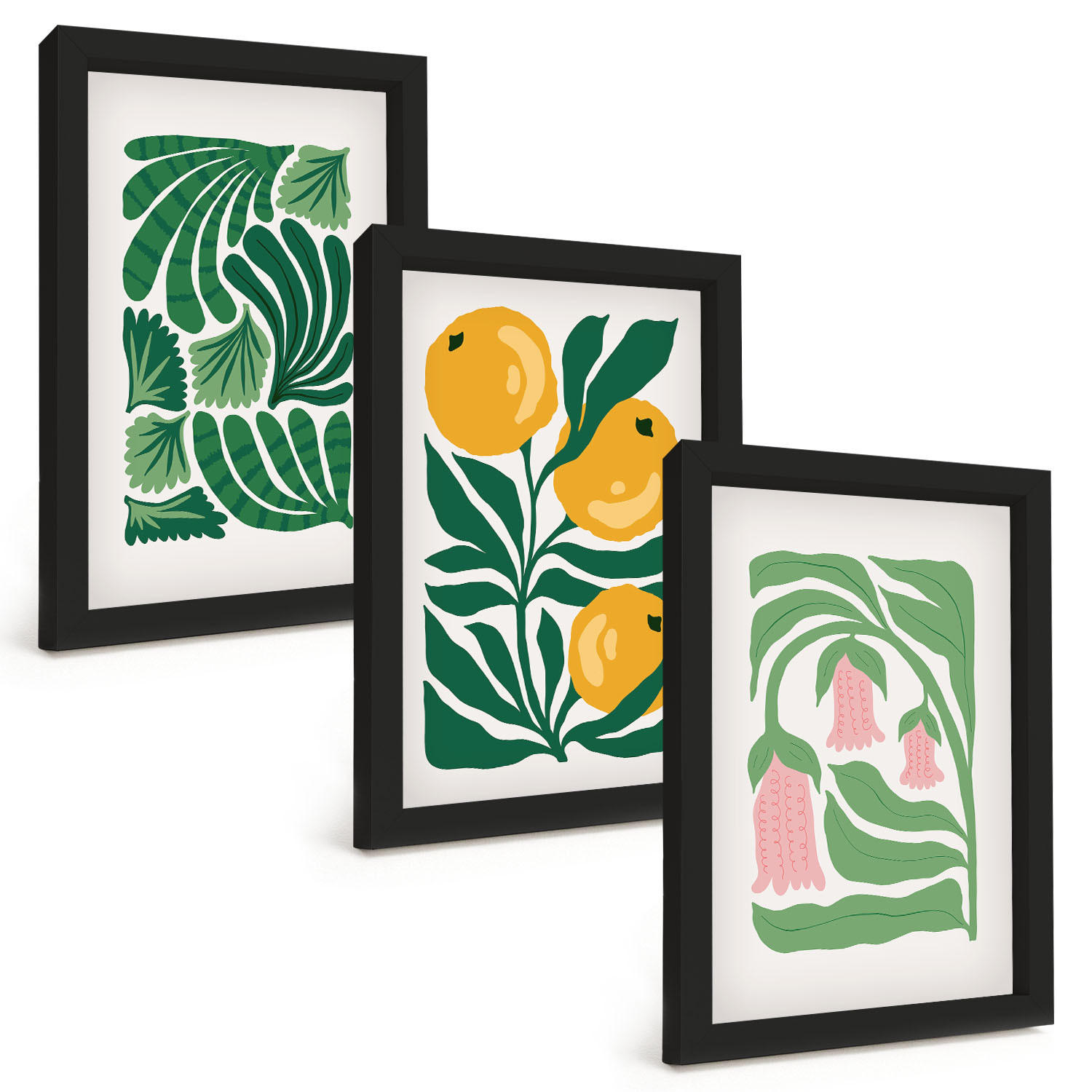 BILDER SET 3er Set - 20x30 cm Schwarzer Rahmen - Minimalistische Pflanzenmuster - Schwarz, Kunststoff (20/30cm) - TULUP