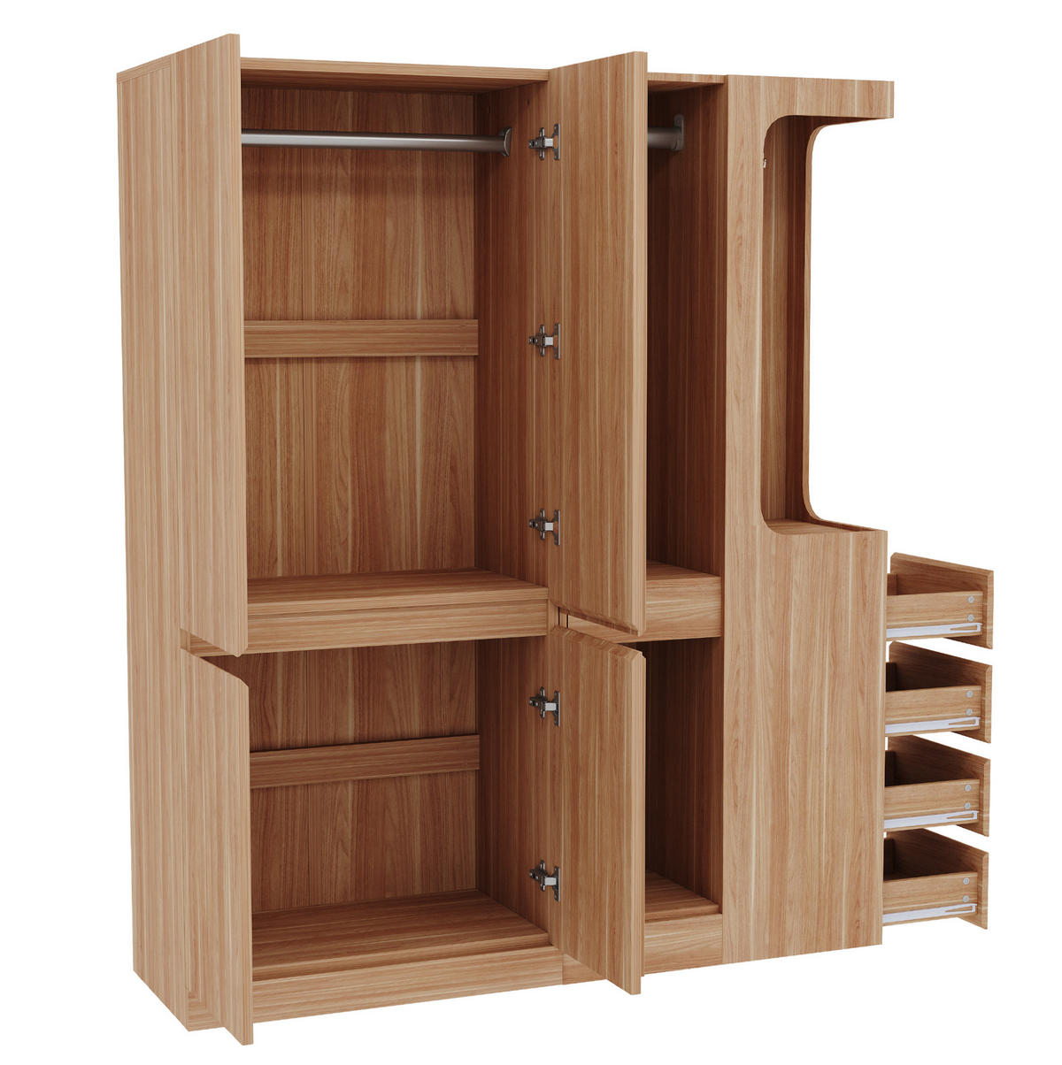 KLEIDERSCHRANK aus Kiefernholz, Sperrholz und MDF 162,5x40x170 cm Holzfarbe mit Schubladen, Staufächern und offenem Hängebereich - Nussbaumfarben, Holzwerkstoff (162.5/170/40cm) - Modfu