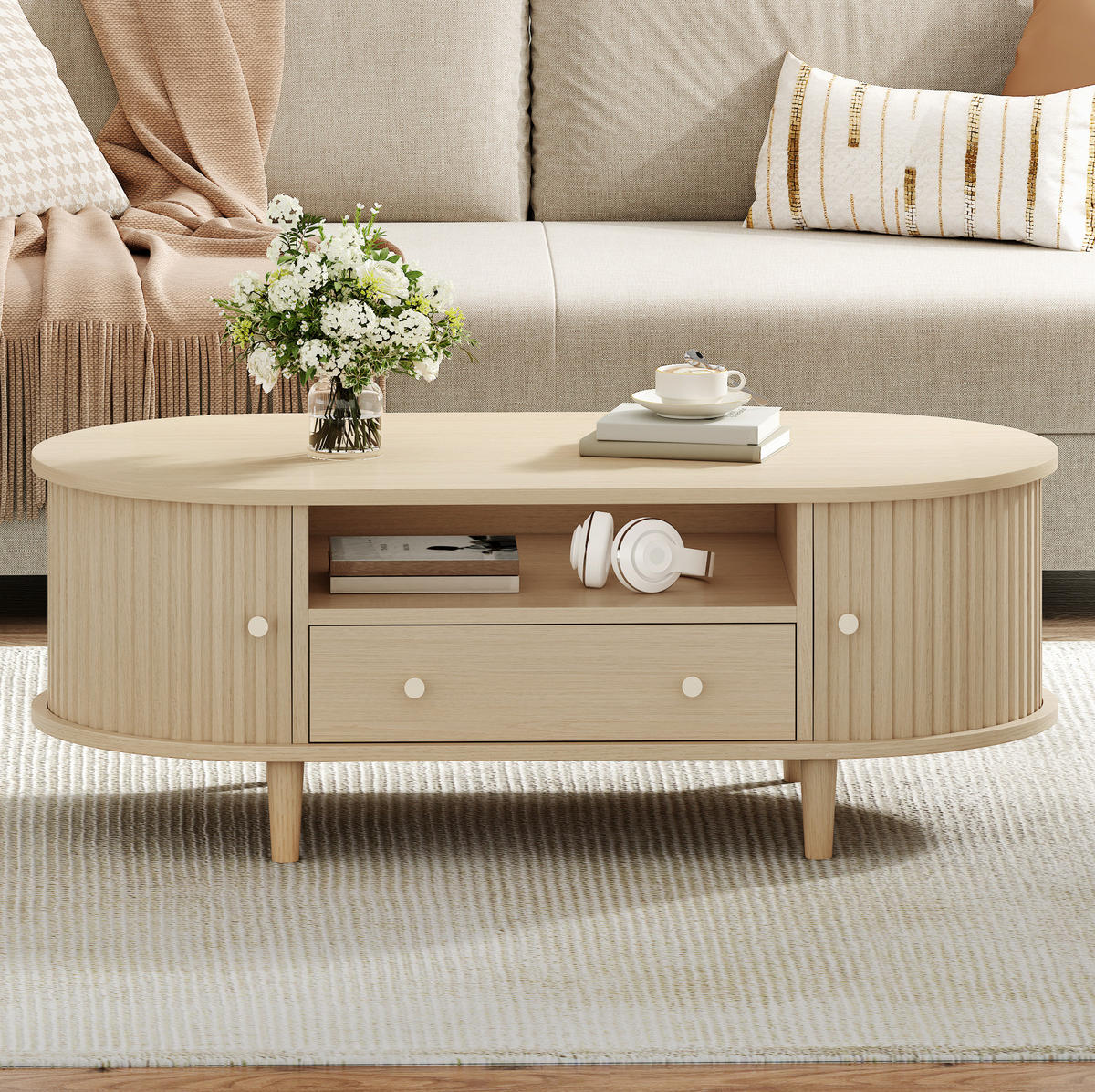 KONFERENČNÍ stolek 100/50/36 cm dubový z MDF s 1 zásuvkou a roletovými dvířky - barva dubu, kompozitní dřevo (100/50/36cm) - OKWISH