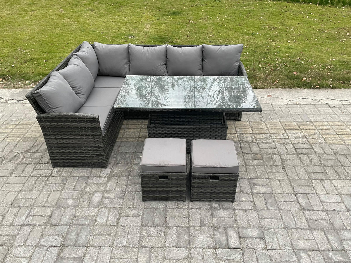 GARTENSET mit Höhenverstellbarer Tisch Polyrattan Dunkelgrau 8-Sitzer - Dunkelgrau/Grau, Glas/Kunststoff - Fimous