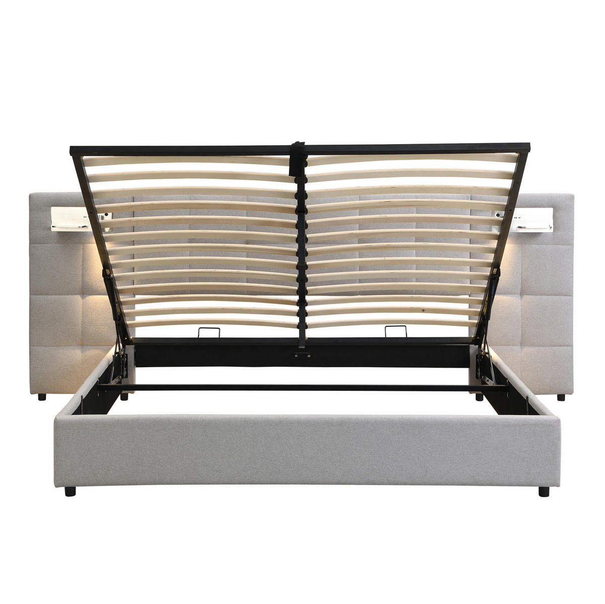 POLSTERBETT aus Leinen 180x200 cm Grau mit Stauraum, USB, kabellosem Laden und Beleuchtung - Grau, Leder (180/200cm) - IVMEU