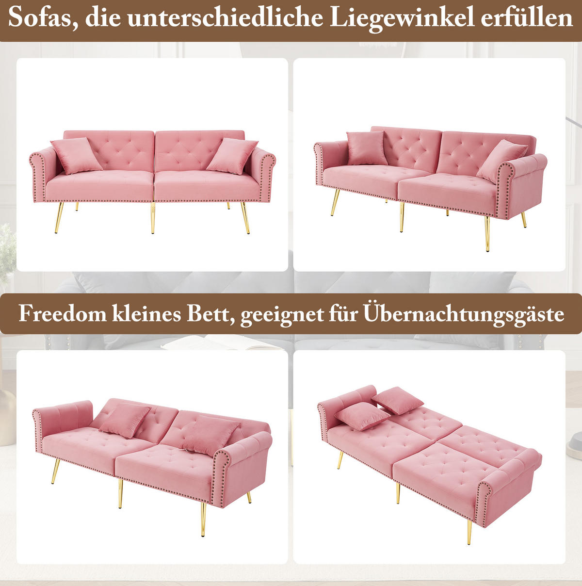 SCHLAFSOFA 2-Sitzer Samt mit 3-fach verstellbarer Doppel-Rückenlehne Rosa 173/75/70 cm - Rosa, Textil (70/173/75cm) - Redom