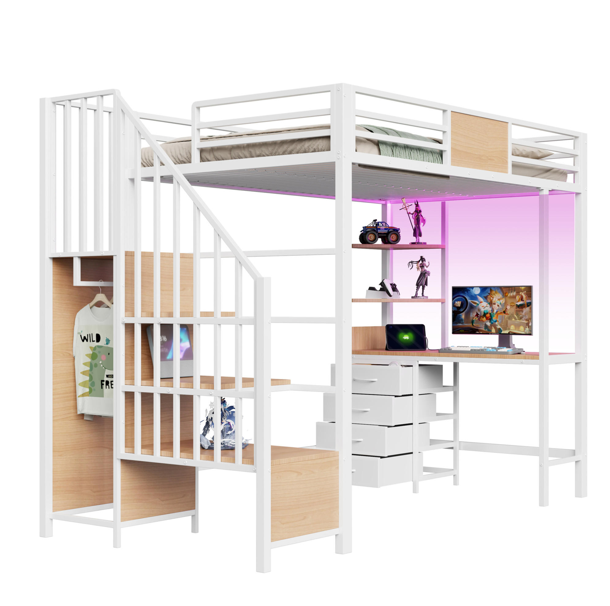 HOCHBETT 90/200 cm mit Schreibtisch, LED und Metallgestell - Weiß, Metall (90/200cm) - MIVRAY