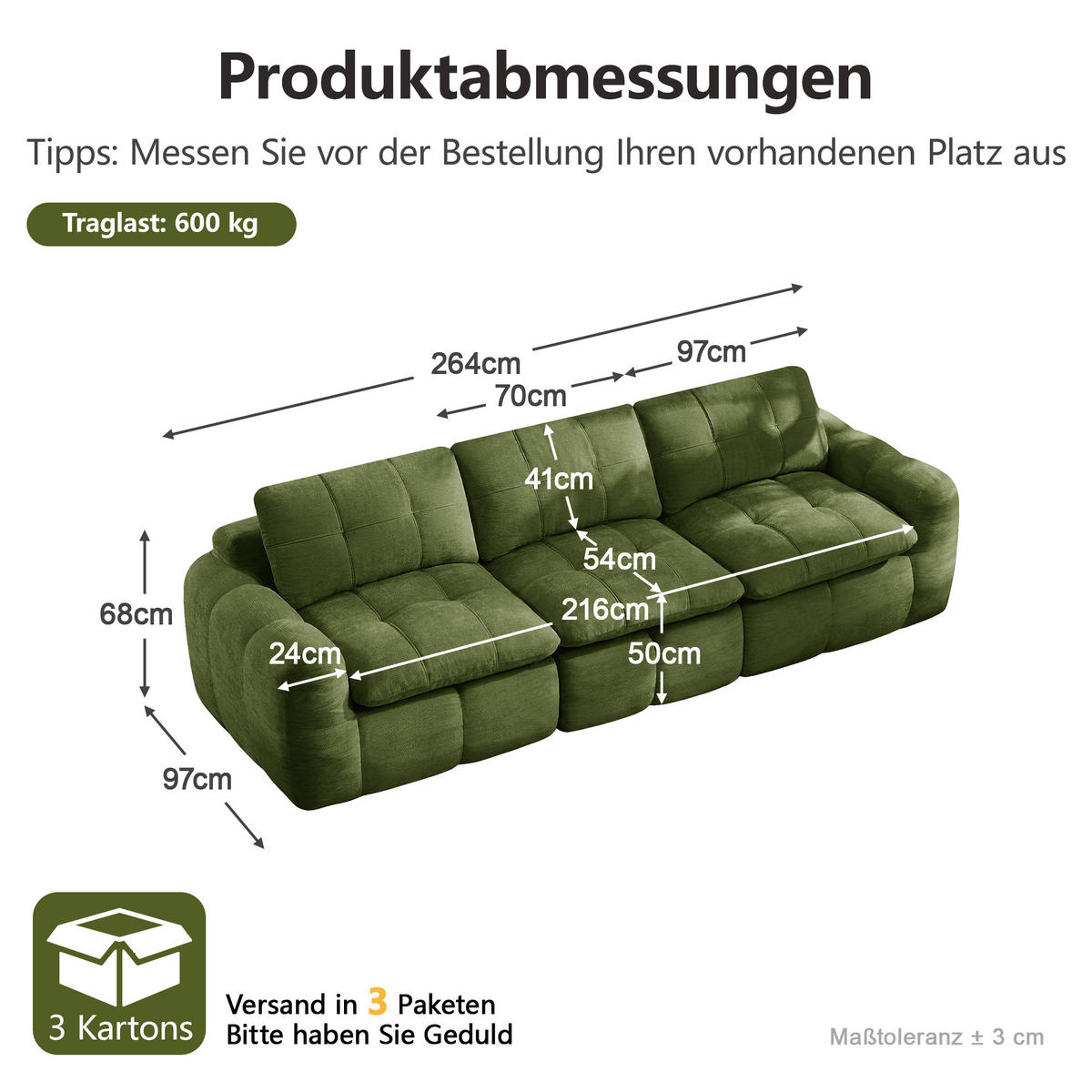 3-SITZER-SOFA DE-34464 Karostepp-Design und 32D-Schaum Grün - Grün, Textil (97/68/264cm) - ComfortXL