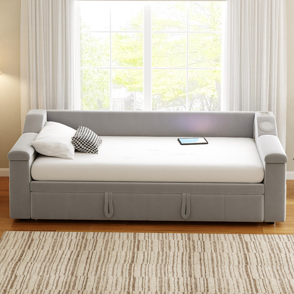 POLSTERBETT 90/180X190 cm Mit USB-Ladeanschluss in Samtstoff，Hellgrau - Hellgrau, Textil (90/190cm) - KOMHTOM