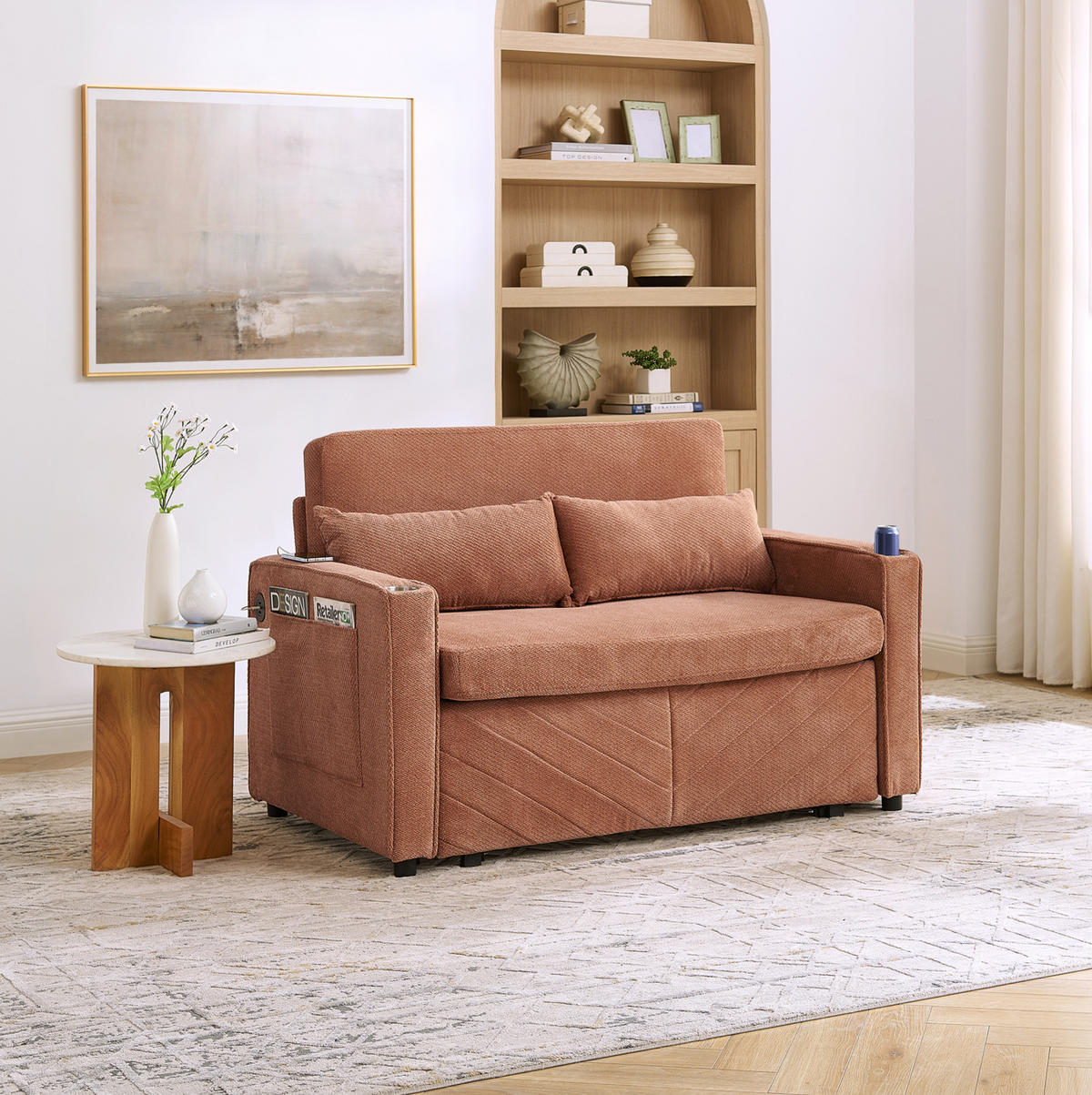 SCHLAFSOFA 3-in-1 mit USB-Ladeports Holz Stoff Orange - Orange, Holz (134/73/195cm) - Meubliv
