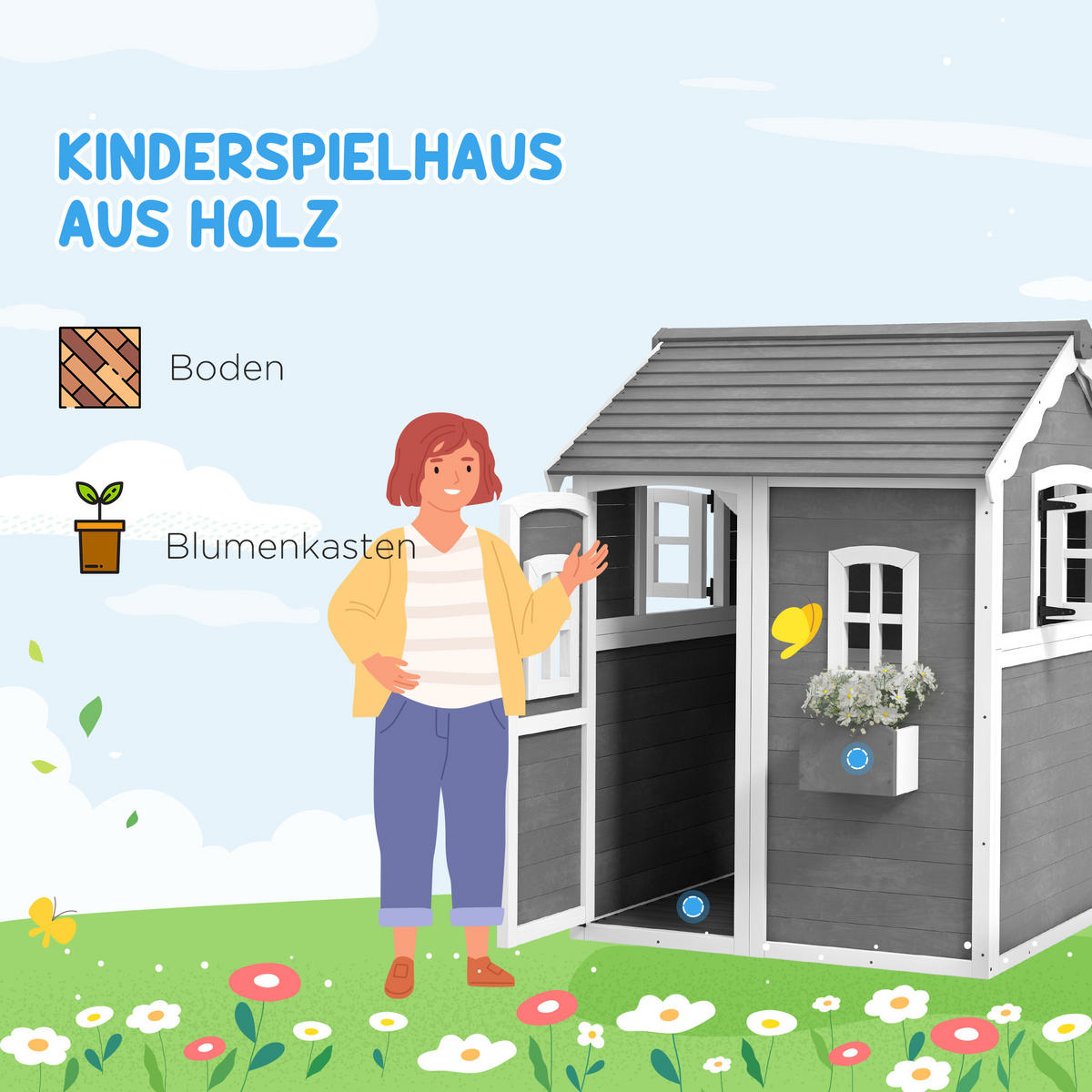 SPIELHAUS für Kinder, Indoor- und Outdoor-Haus mit Tür, Fenstern, Grau - Grau, Holz (104.5/137/110cm) - Outsunny