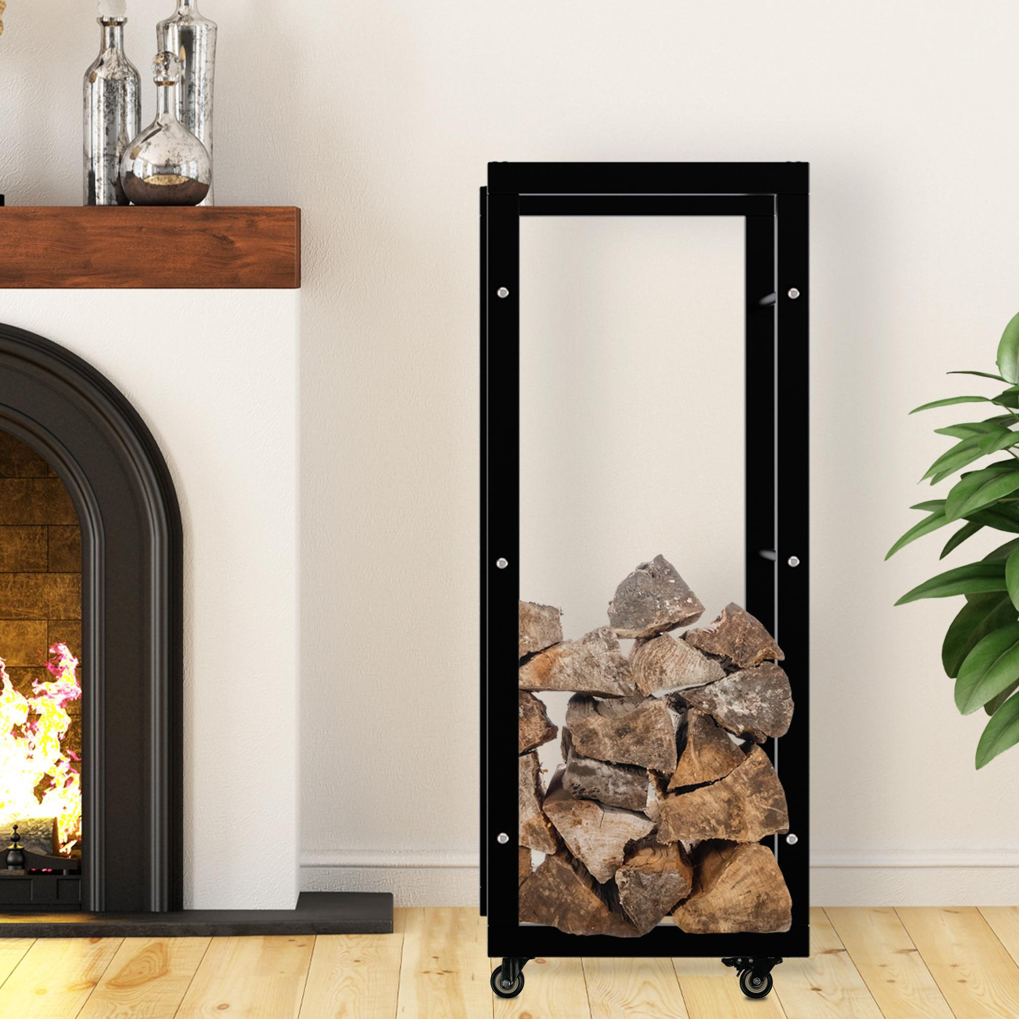 KAMINHOLZREGAL innen Metall SATLO Kaminholzständer mit Rollen Schwarz 25x40x100 cm - Schwarz, Metall (40/100/25cm) - DELUKE