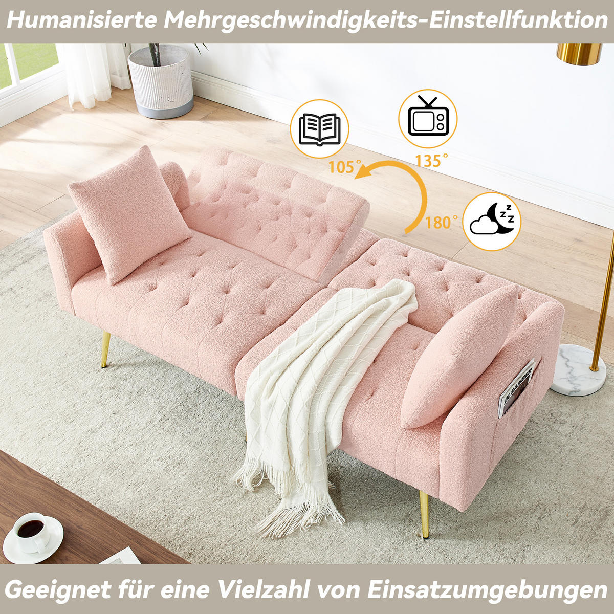 SCHLAFSOFA 177/78/74 cm in Pink Teddyfell mit Aufbewahrungstasche - Rosa, Textil (177/74/78cm) - Oxeza