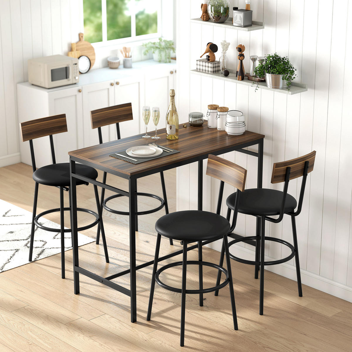 BARTISCH mit Barhocker-Set Esstisch mit 4 Stühlen mit Fußstütze Rückenlehne - Braun, Metall (55/90/110cm) - HOMCOM