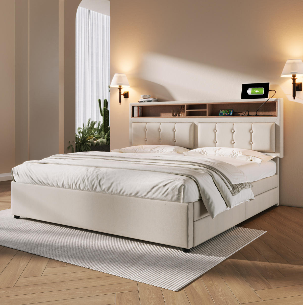 POLSTERBETT 160/200 cm mit 4 Schubladen, verstellbarem Kopfteil und USB/Typ-C - Beige, Textil (160/200cm) - BEAOK