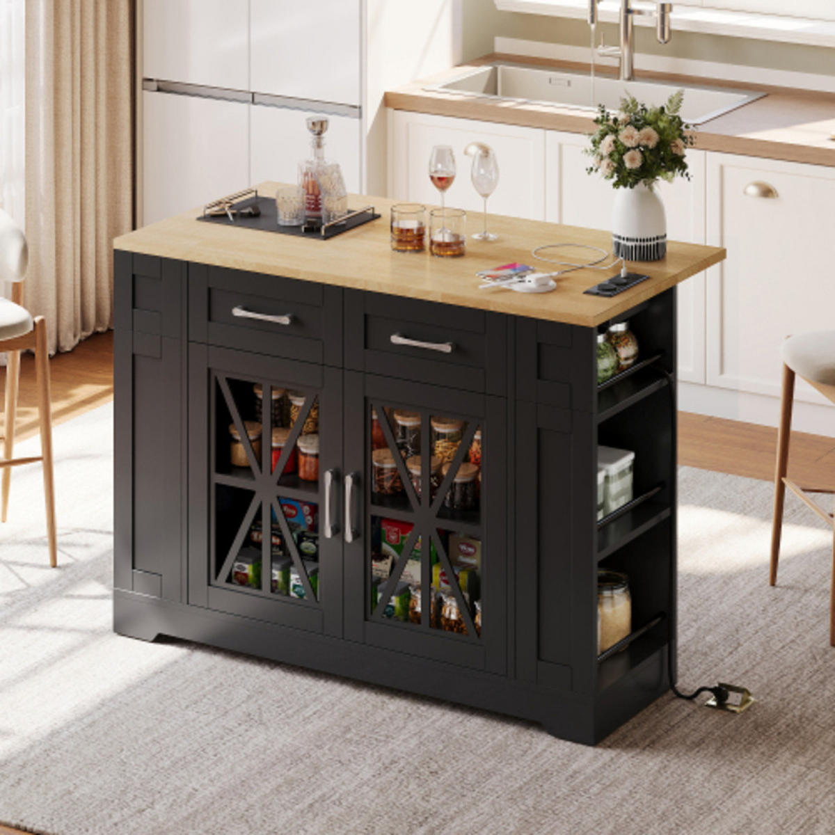 KÜCHENINSEL schwarz-Neutral aus MDF mit klappbarer Erweiterungsplatte, Steckdosen und Laufrollen 120 × 40(65) × 92 cm - Schwarz, Holzwerkstoff (120/92/65cm) - Luhomfu