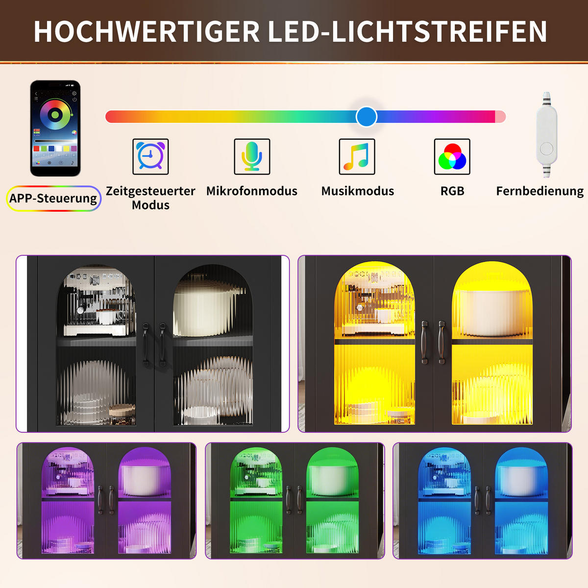 KÜCHENINSEL Ausziehbar LED 2 Schubladen Glastüren MDF - Schwarz, Holzwerkstoff (126/94/59cm) - FLIEKS