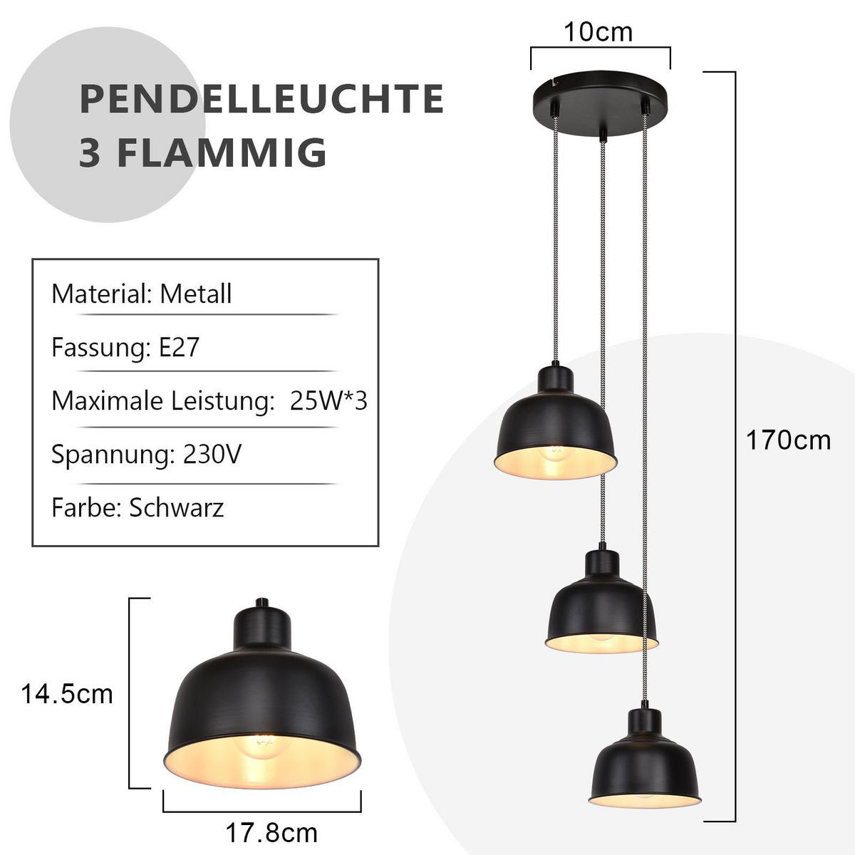 HÄNGELEUCHTE Selma 3-flammig 10/18/170 cm - Schwarz, Metall (10/18/170cm) - Nettlife
