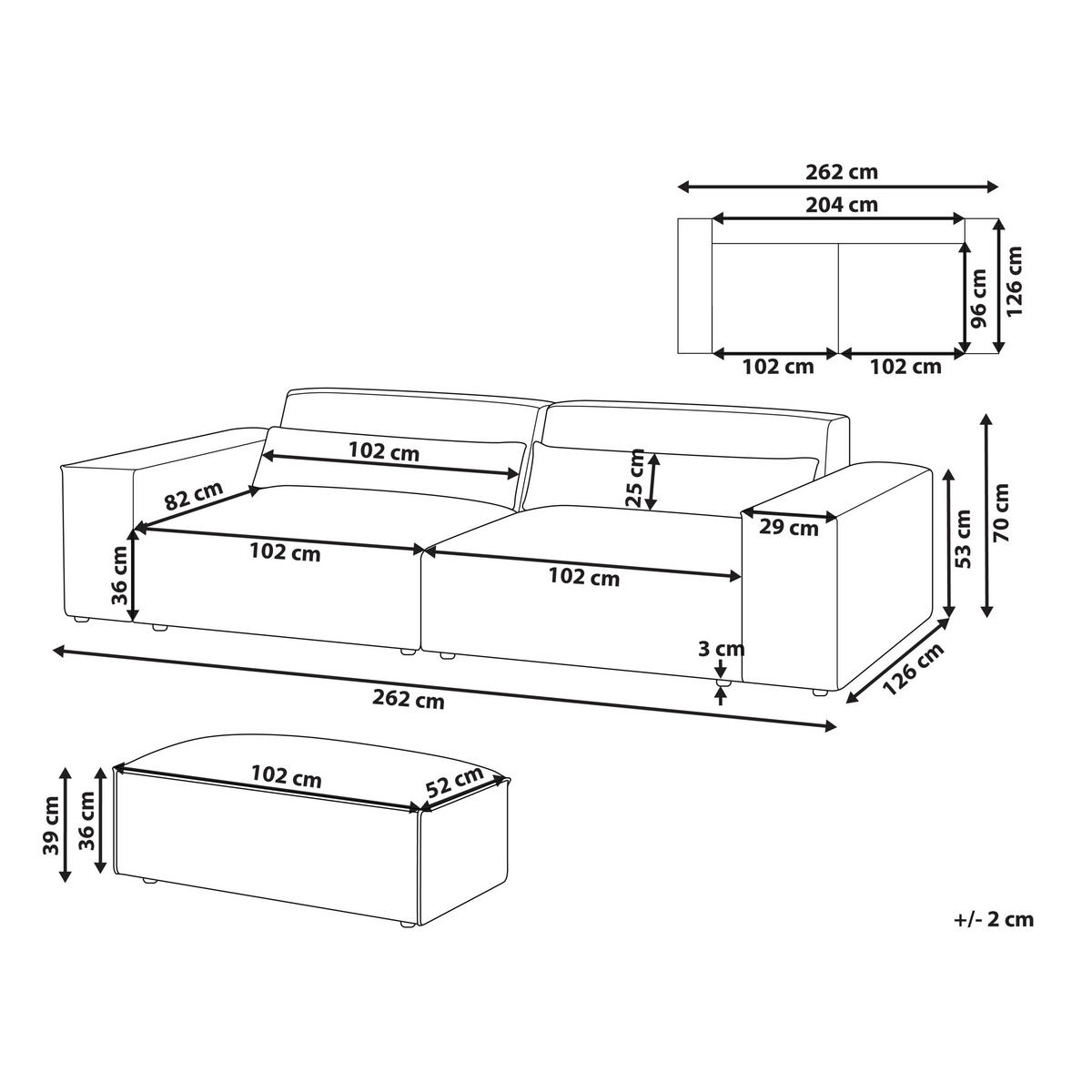 2-SITZER-SOFA hellbraun mit Ottomane Hellnar - Braun, Textil (262/70/126cm) - Beliani
