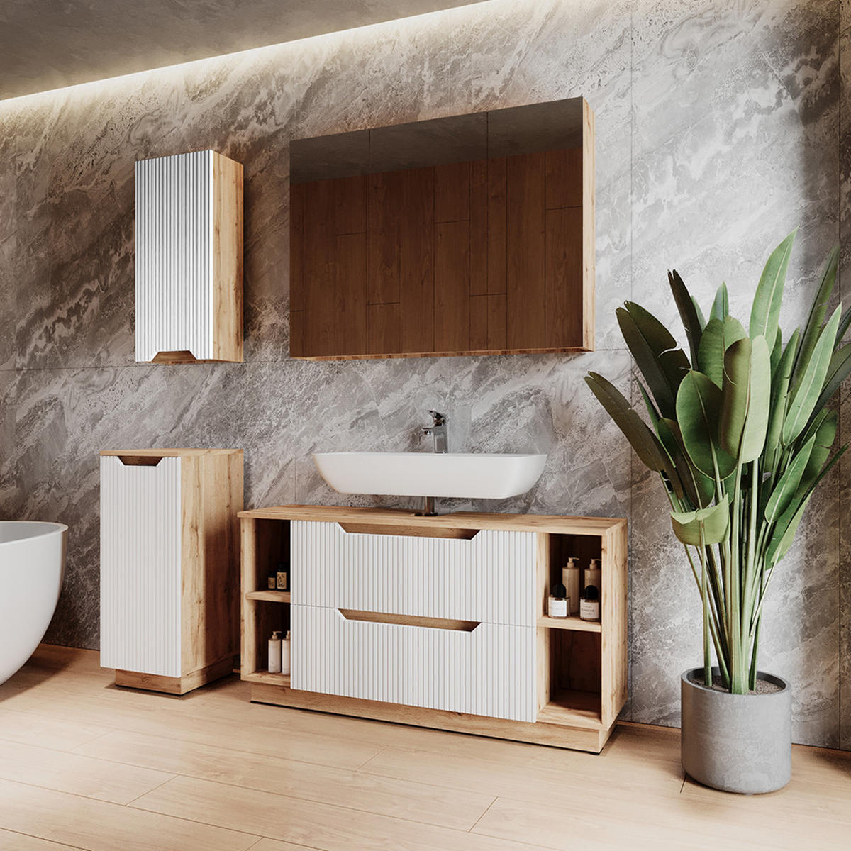 BADMÖBEL-SET Lotta Eiche/weiß gestreift 4 Teile - Eichefarben/Weiß, Holzwerkstoff (119.2/62.5/35cm) - Vicco