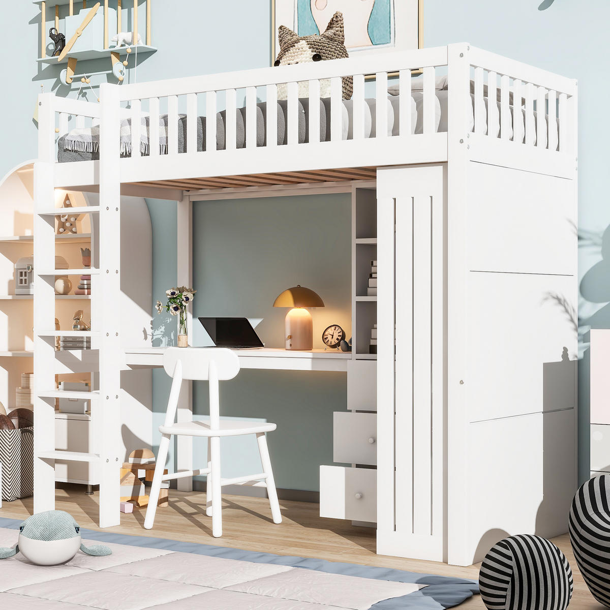 HOCHBETT 90/200 cm mit Schreibtisch und Kleiderschrank in Weiß - Weiß, Holz (90/200cm) - OKWISH