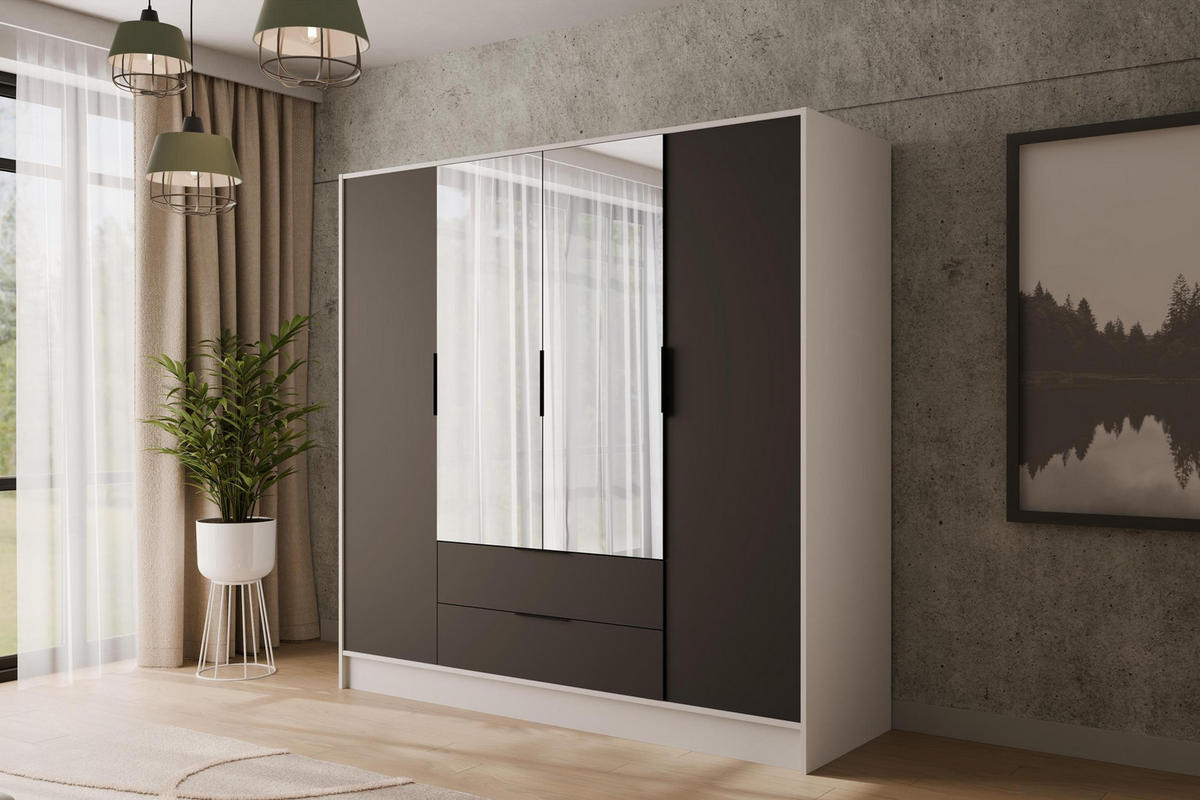 KLEIDERSCHRANK mit Spiegel und Flügeltüren KOLIN 200x200cm Weiß / Schwarz - Schwarz/Weiß, Holzwerkstoff (200/200/51cm) - ALTDECOR