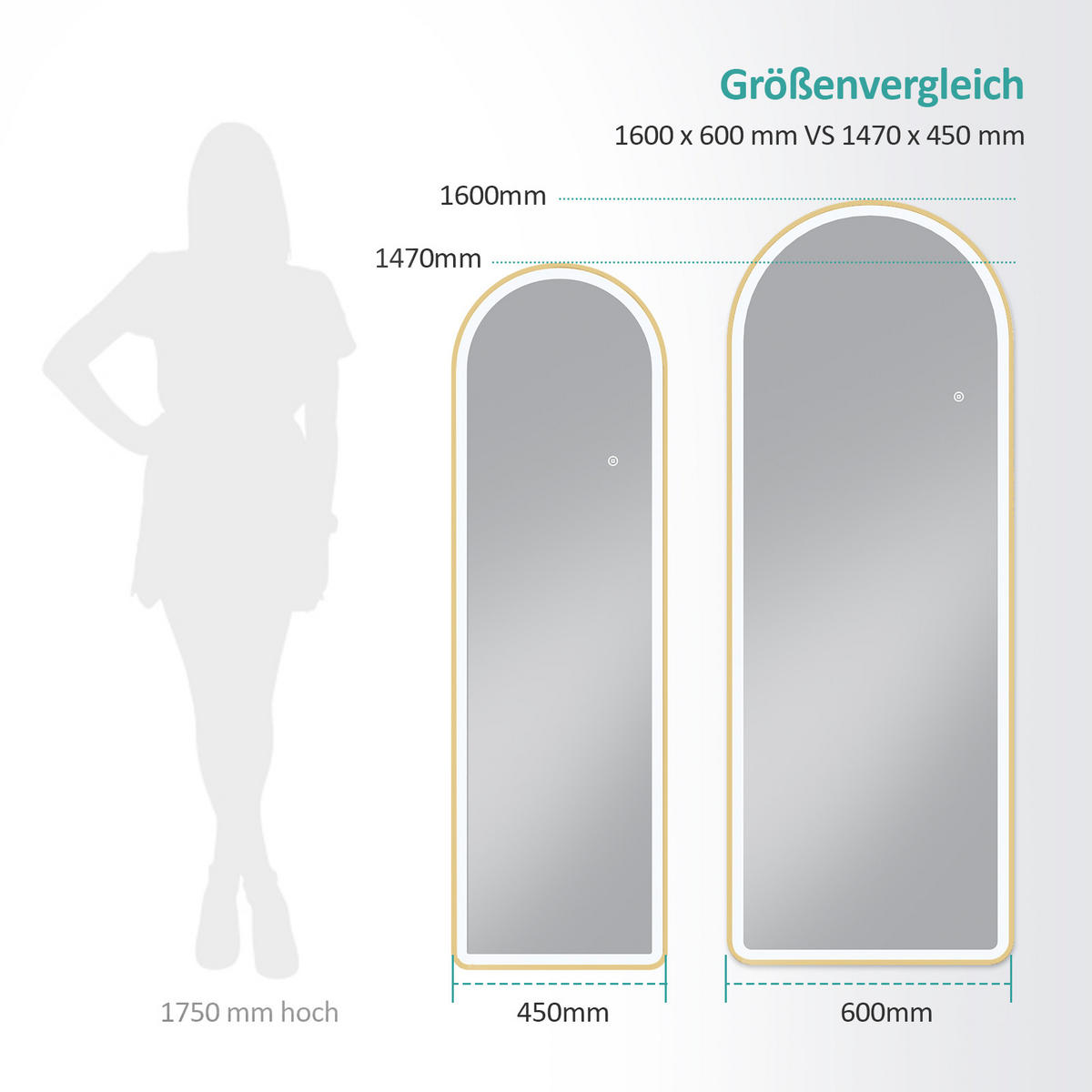 STANDSPIEGEL mit Beleuchtung und Rahmen Gold 160/60 cm - Goldfarben, Glas/Metall (60/160/160cm) - EMKE