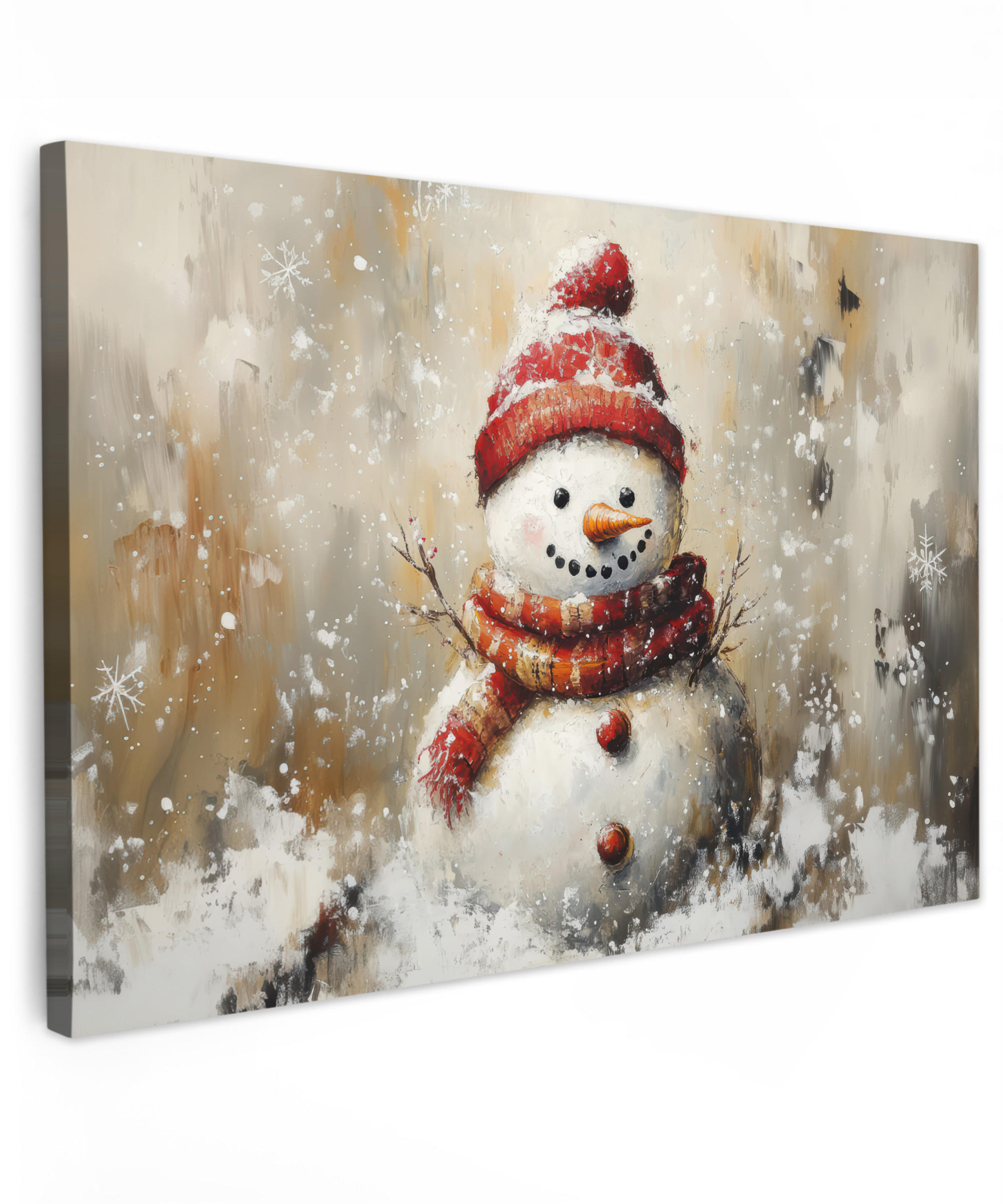 LEINWANDBILD Schneemann - Winter - Schnee - Beige Groß 140x90 cm - Weiß, Textil (140/90cm) - MuchoWow