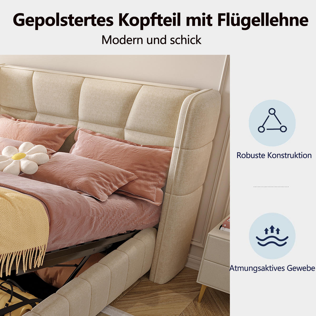 ČALOUNĚNÁ POSTEL 90/200 cm v béžové barvě s úložným prostorem ze lnu - béžová, kov/kompozitní dřevo (90/200cm) - CHICFURN