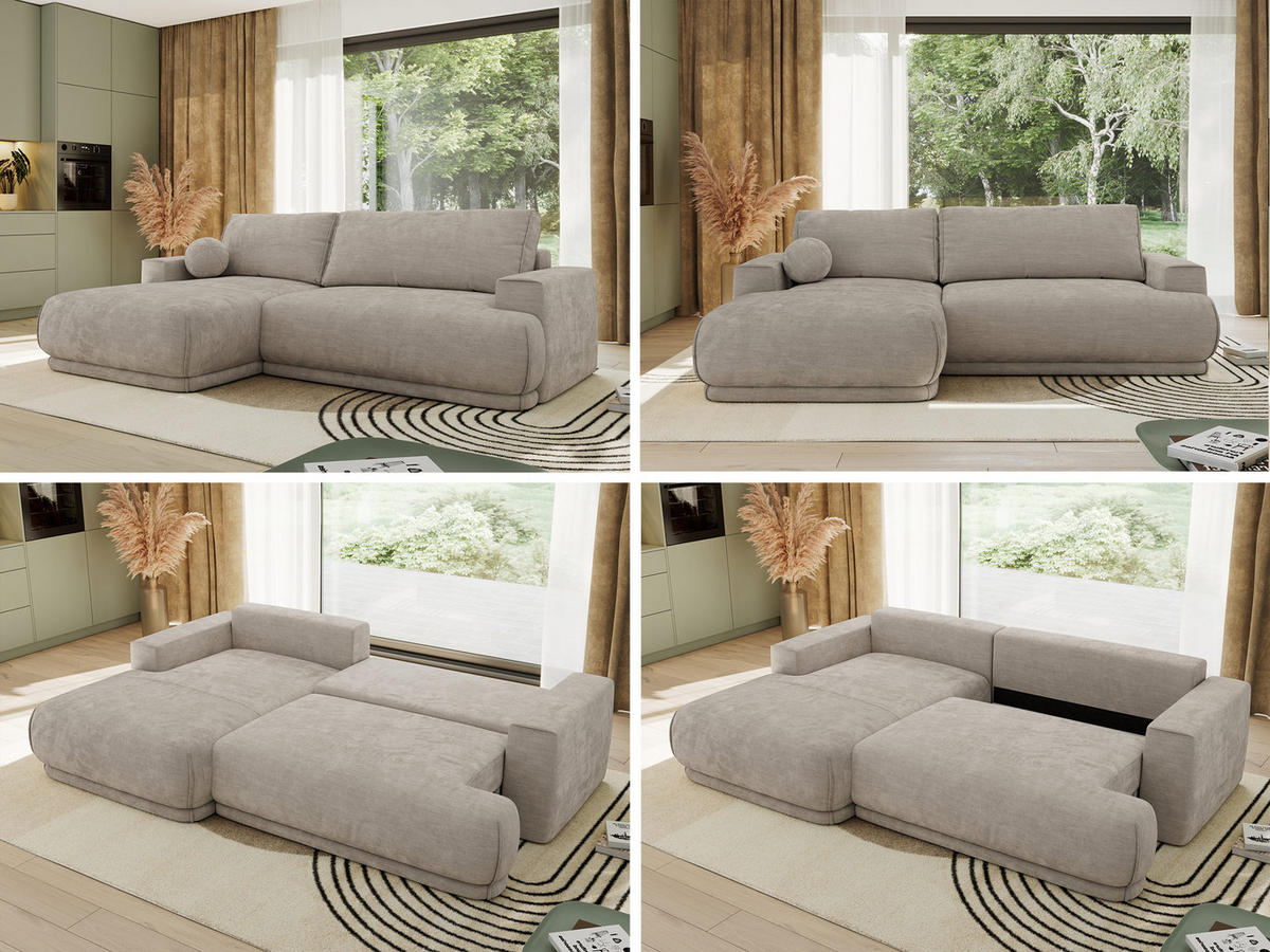 ECKSCHLAFSOFA RINA L Hellgrau Schenille glatt - links - Hellgrau/Schwarz, Kunststoff/Textil (267/170cm) - MKS