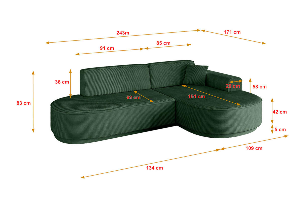 ECKSOFA Ottomane Rechts MARI-L1-v3 - 243x171x83 cm Grün Cord - Schwarz/Grün, Holzwerkstoff/Kunststoff (171/243cm) - ALTDECOR