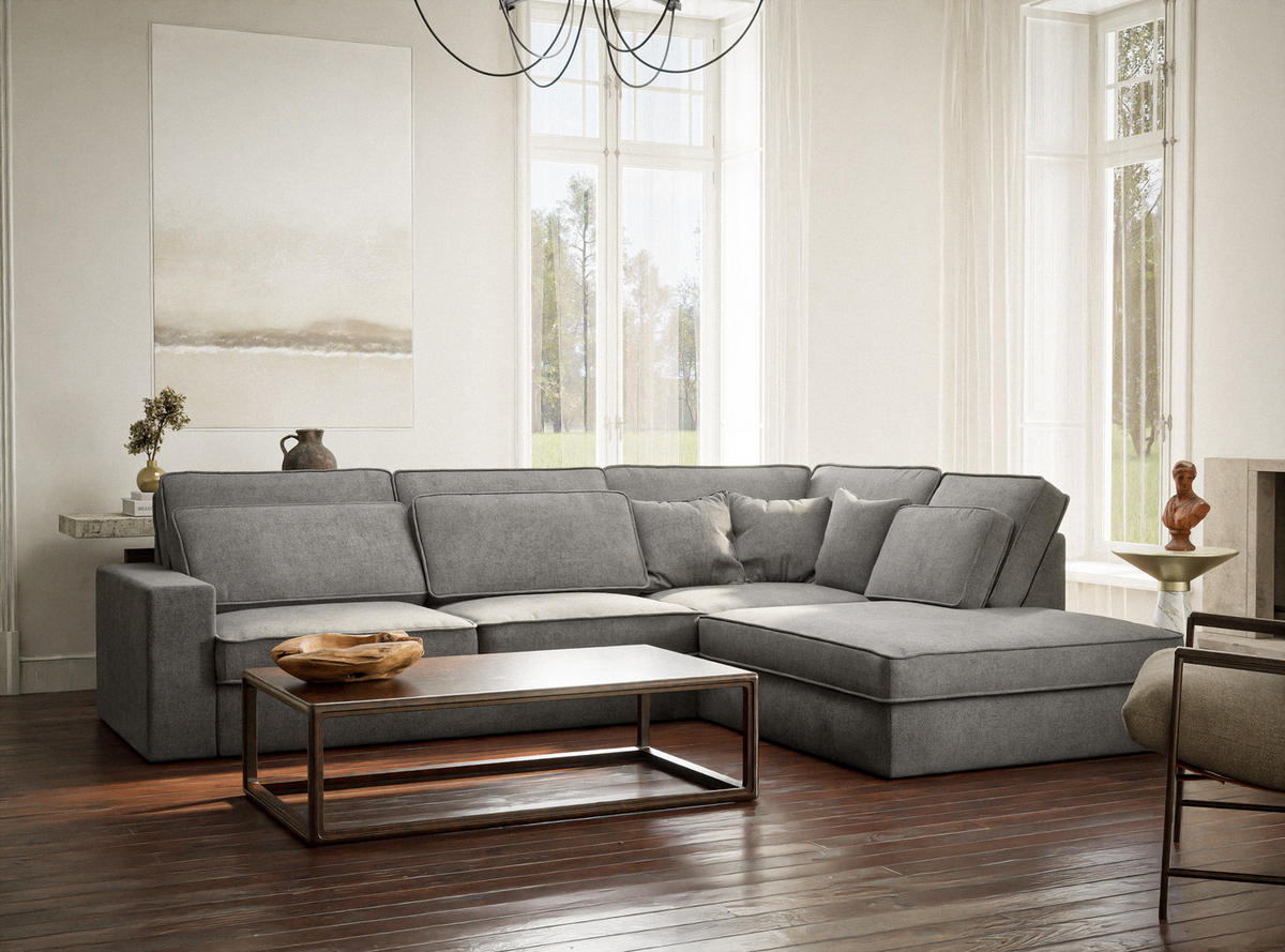 ECKSOFA Kirou Grau Chenille-Stoff - Rechts Seite - Schwarz/Grau, Holz/Holzwerkstoff (311/225cm) - Maison de Reve