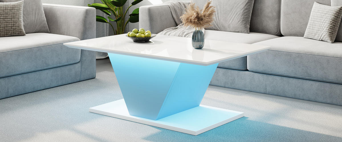 COUCHTISCH, V‑Form, weiß mit Hochglanz-Tischplatte und steuerbarer LED-Beleuchtung, 100/50/46 cm,weiß - Weiß, Holzwerkstoff (100/50/46cm) - Redom