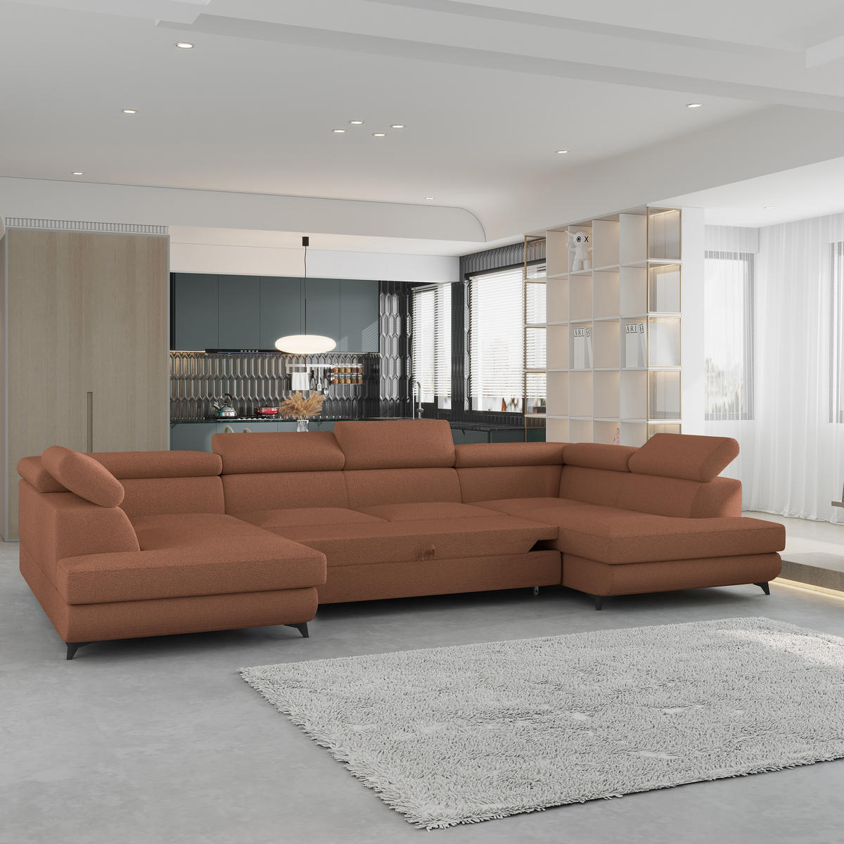 WOHNLANDSCHAFT VINTESSA Kupferfarben Boucle-Stoff mit Schlaffunktion - Kupferfarben, Holz (323/89/190cm) - MASSENO