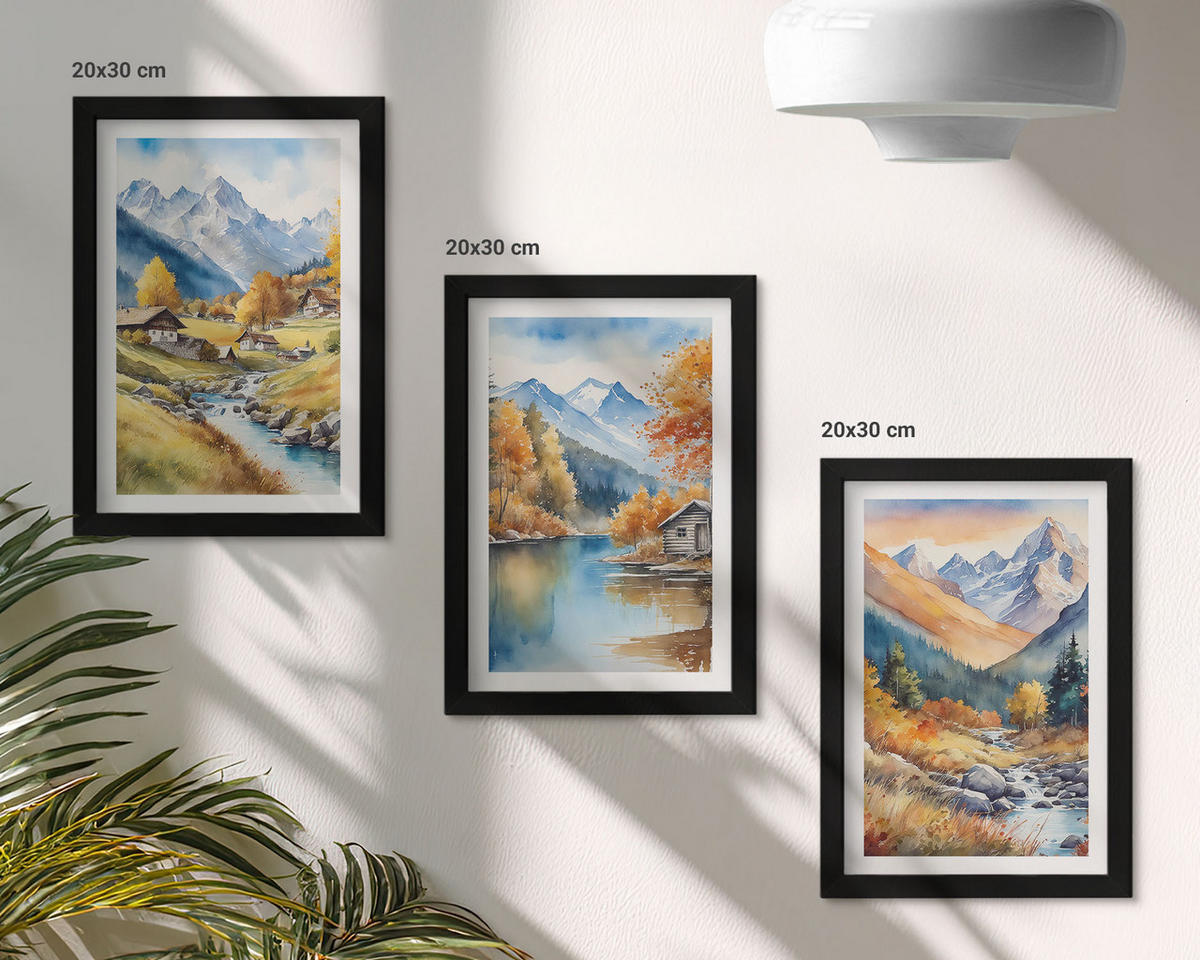 WANDBILDER 3er-Set - 20x30 cm Schwarzer Rahmen - Herbstliche Berge, Flusshäuser - Schwarz, Kunststoff (20/30cm) - ArtPrintCave