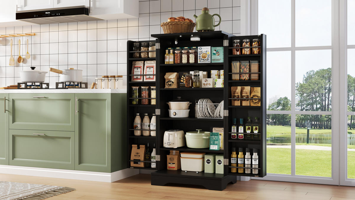 MODERNER Hochschrank aus MDF mit 3D-Wellentüren, LED-Sensorlicht und verstellbaren Regalböden, 120/60/40 cm, Schwarz - Schwarz, Holzwerkstoff (60/120/40cm) - Redom