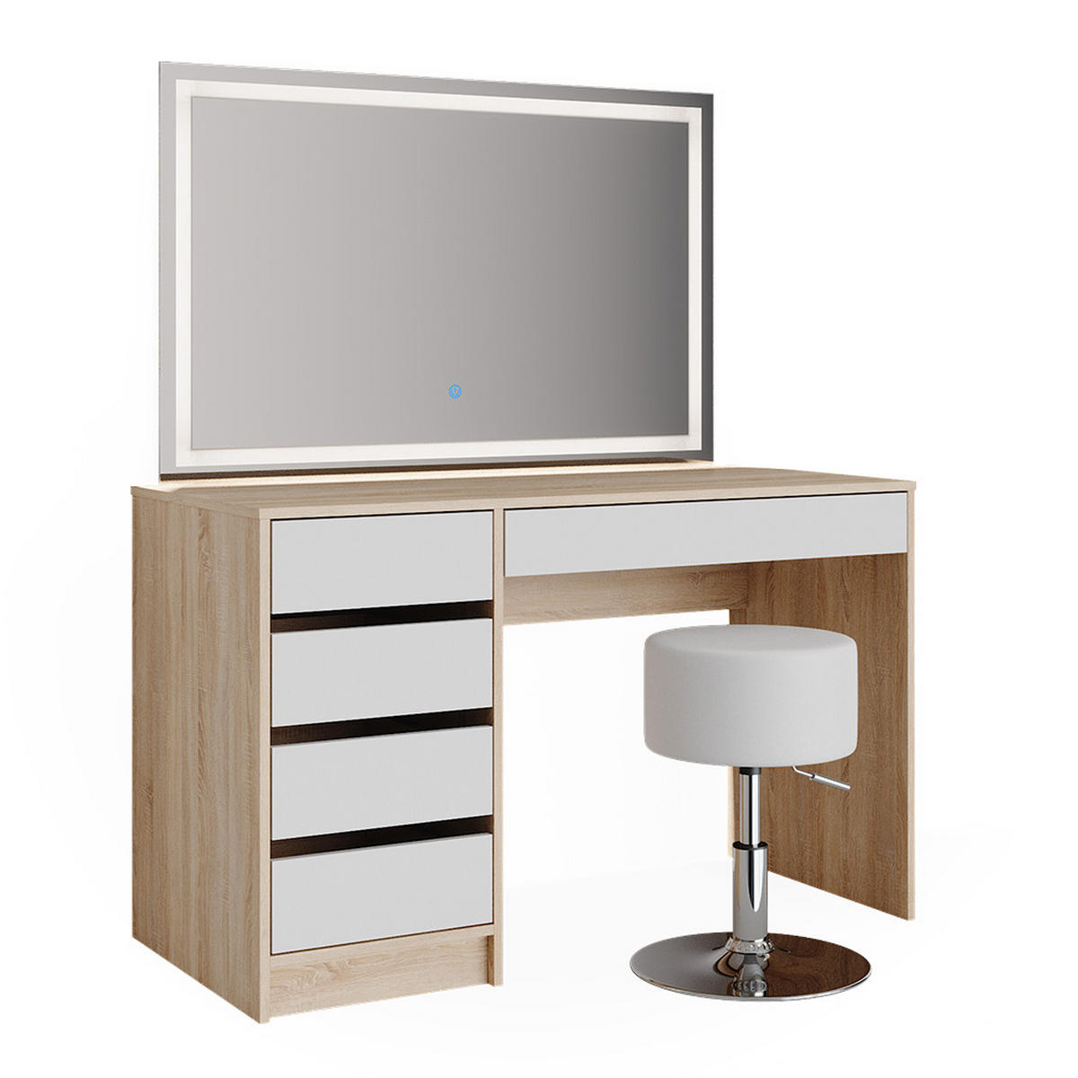SCHMINKTISCH Sherry Weiß/Sonoma 120 cm mit LED-Spiegel und Hocker - Weiß/Sonoma Eiche, Holzwerkstoff (120/75/55cm) - Vicco