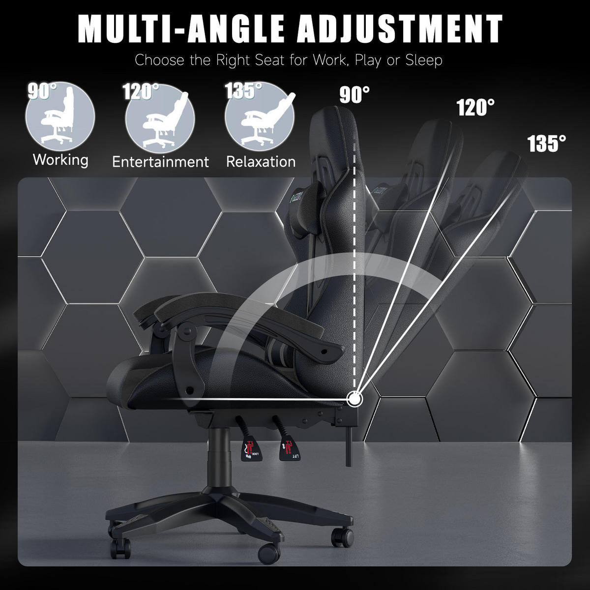 GAMING-STUHL ergonomisch, verstellbare Rückenlehne, Kissen – Schwarz - Schwarz, Leder (59/120/56cm) - Rattantree