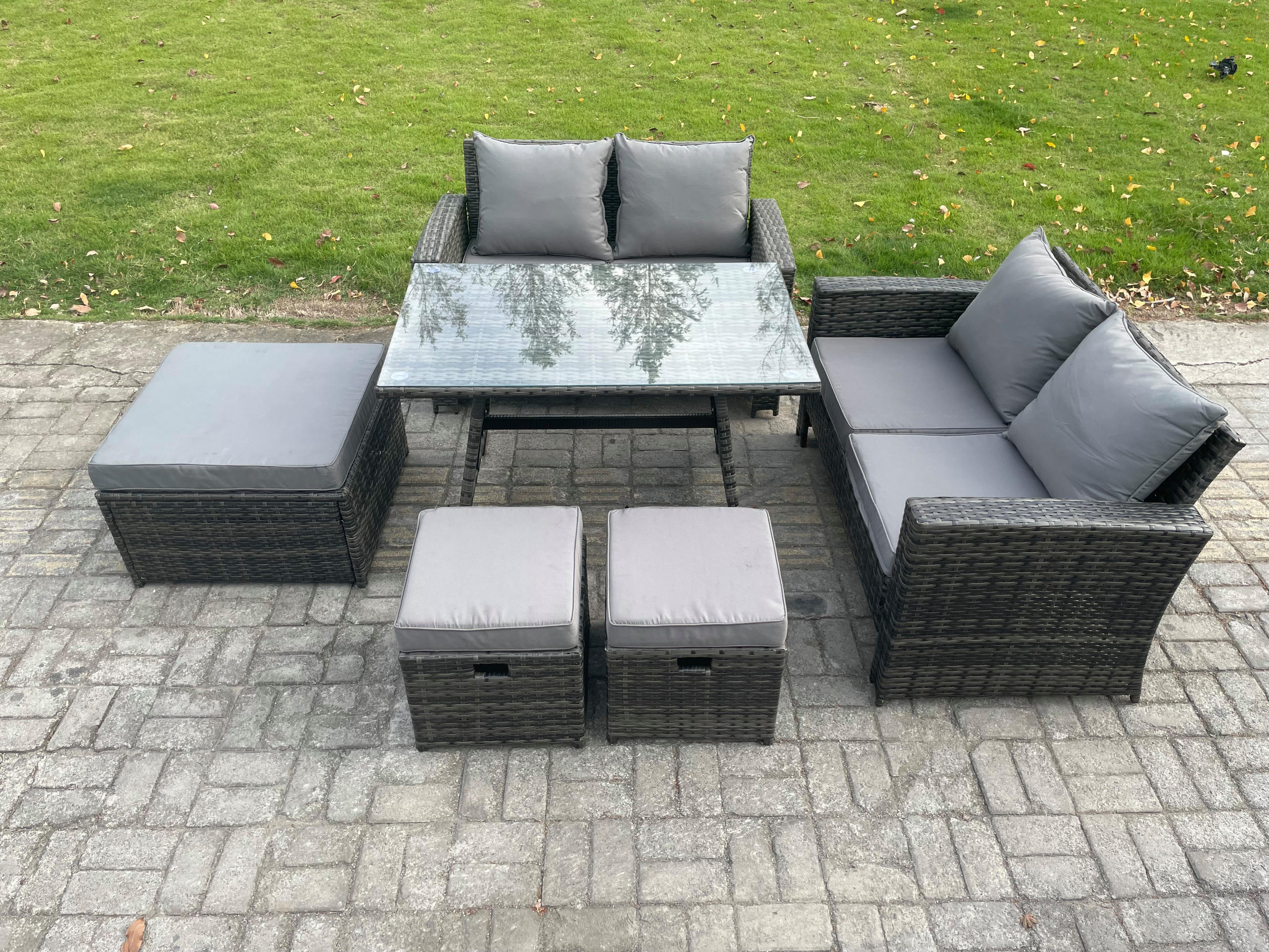 GARTENMÖBELSET mit ESSTISCH,HOCHLEHNER-SOFA Polyrattan Dunkelgrauer Mix 7-Sitzer - Dunkelgrau/Grau, Glas/Kunststoff - Fimous