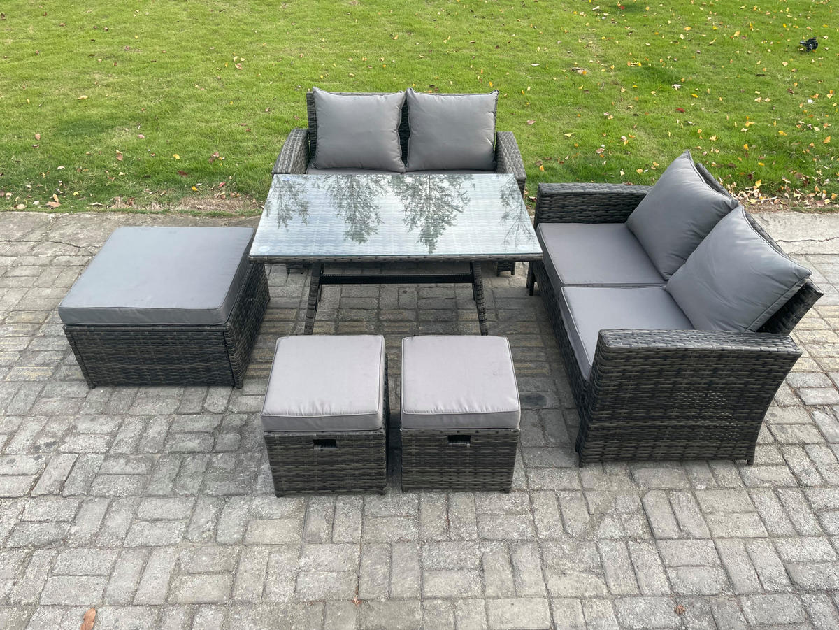 GARTENMÖBELSET mit ESSTISCH,HOCHLEHNER-SOFA Polyrattan Dunkelgrauer Mix 7-Sitzer - Dunkelgrau/Grau, Glas/Kunststoff - Fimous
