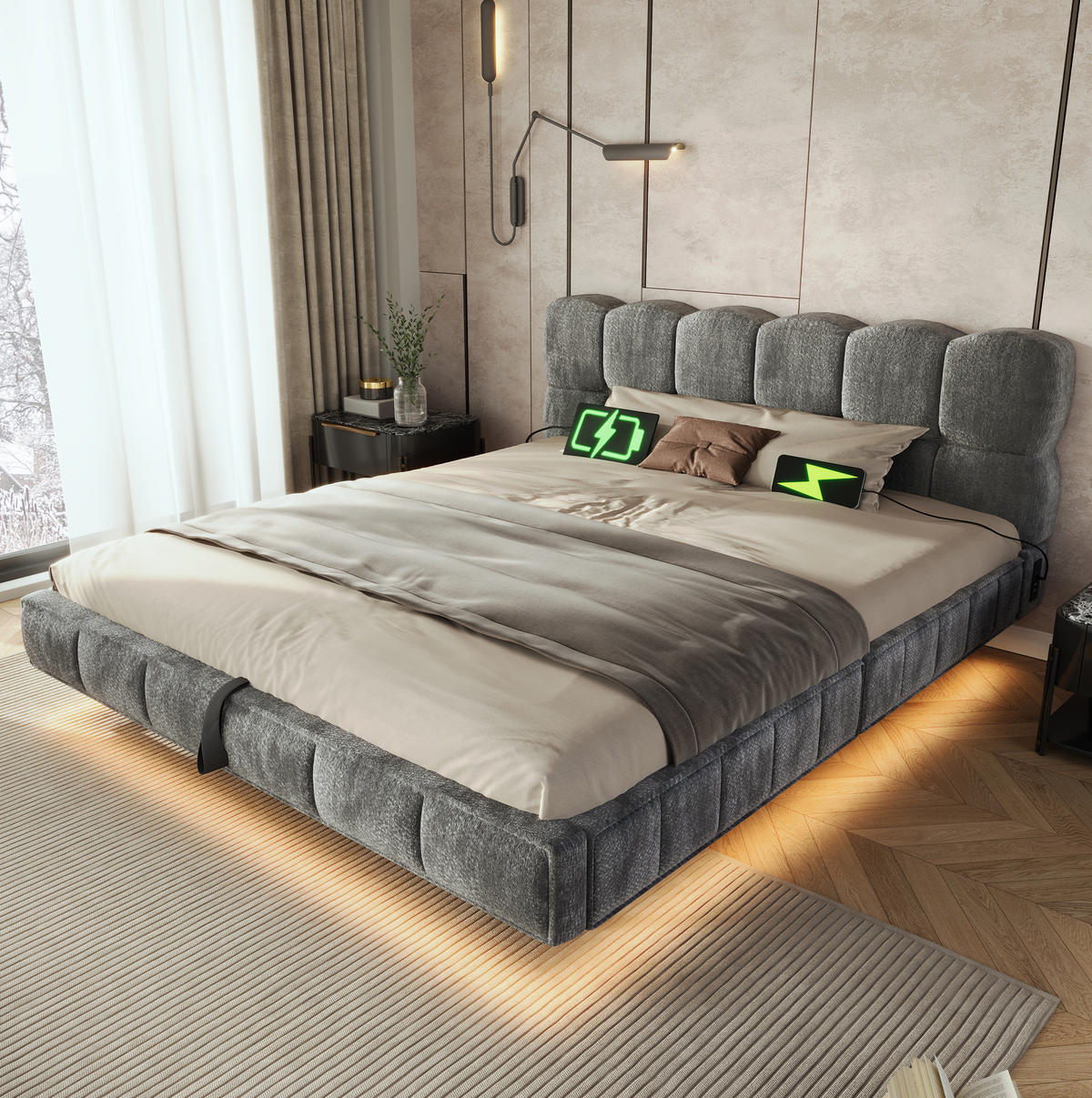 POLSTERBETT aus Chenille 140x190 cm Grau mit Bettkasten, LED und USB-/Typ-C-Anschlüssen - Grau, Textil (140/190cm) - Modfu