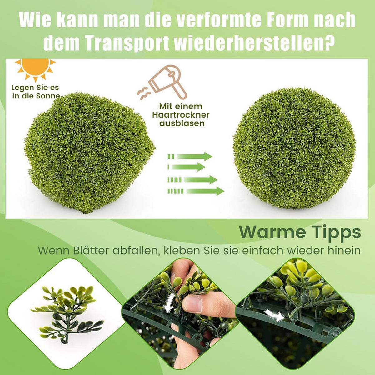 BUCHSBAUMKUGEL UV-beständig grün(2er-Set) - Grün, Kunststoff (40cm) - COSTWAY