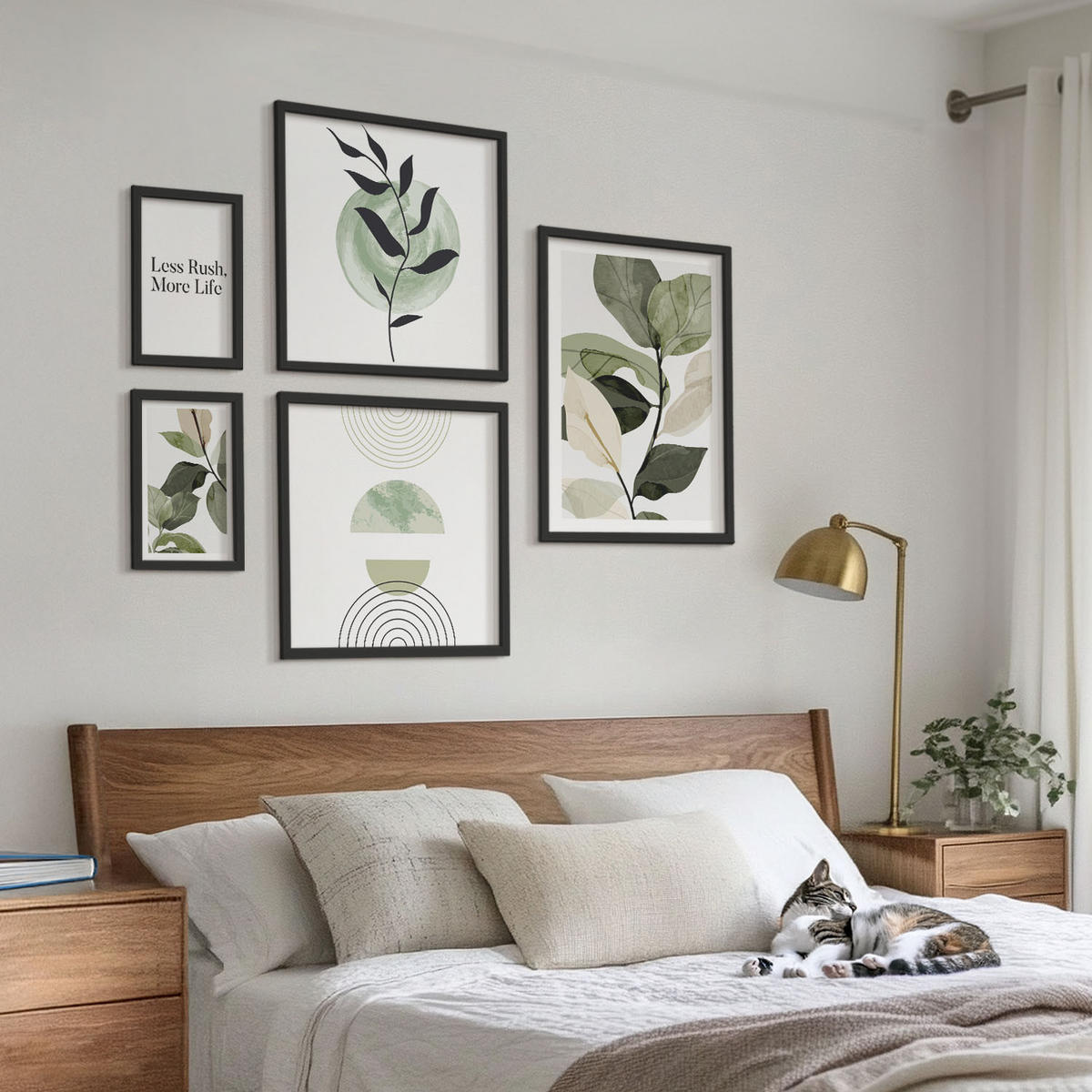 BILDER SET 5er Set - 50x50 cm & 20x30 cm & 40x60 cm Schwarzer Rahmen - Geometrische Pflanzenformen - Schwarz, Kunststoff (40/60cm) - TULUP